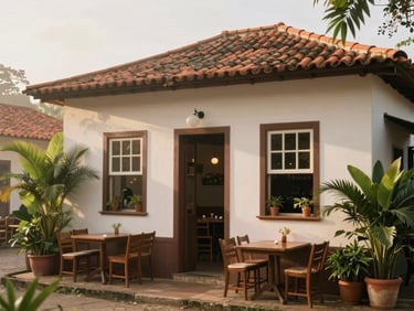 Charming colonial house facade in Bananeiras converted into a cozy bistro, outdoor tables, lush green plants around, soft afternoon light