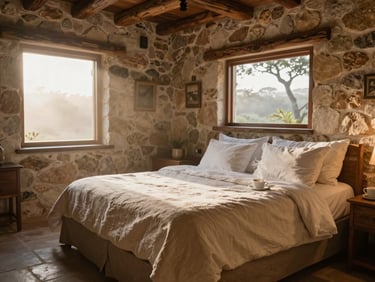 Interior of a luxury stone cabin in Bananeiras, king bed with thick linen sheets, rustic wooden beams, steaming cup of coffee on the nightstand, soft window light, warm editorial travel photography.