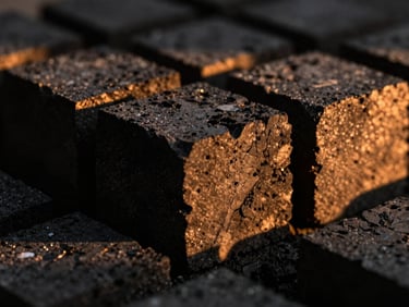 Macro shot of textured charcoal blocks stacked neatly, warm sunset light casting long dramatic shadows, high contrast