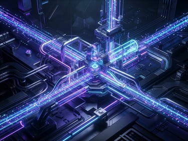 Premium 3D render of abstract digital payment pipelines with glowing violet and blue light trails, metallic textures, dark studio lighting