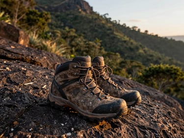 Low-angle close shot of worn trekking boots on dark basalt rock in Madagascar, a steep forested slope rising behind, golden afternoon light catching the boot laces and rock texture, no faces visible