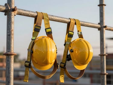 Safety harness and hard hat hanging on a steel scaffold rail at an industrial construction site, golden hour side light, close-up detail, documentary style