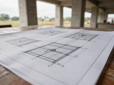 Close-up of technical civil engineering drawings spread on a site table under overcast natural light, pencil marks and dimension notations visible, concrete columns visible through an open frame in the background