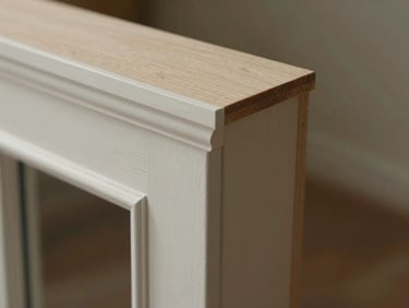 Close-up detail of finished millwork corner joint and painted trim on a doorframe, natural ambient daylight, flat overhead framing showing material quality and precision of cut, no filter or staging