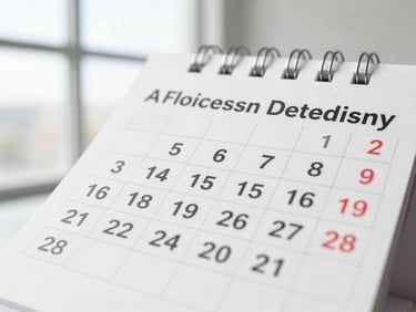 A calendar with a marked date, symbolizing timely process and deadlines handled. Bright editorial photography, natural window light, clean corporate tones.