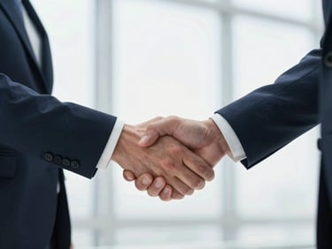 Close-up of two professionals shaking hands, natural window light, clean corporate tones, medium depth of field.