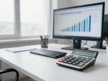 Modern office desk with a calculator and a financial chart on a screen, symbolizing cost savings and analysis. Bright editorial photography, natural window light, clean corporate tones.