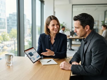 Authentic portrait of a confident sales partner in a modern, bright office, engaging with a client on a tablet, natural window light, clean corporate tones, medium depth of field.