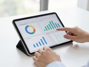 Tablet showing a digital dashboard with charts and data, hands interacting with it, clean corporate setting.