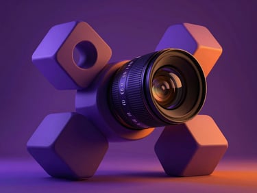 Dynamic composition of abstract 3D geometric shapes with purple and orange studio rim lighting
