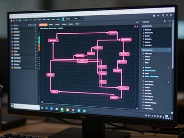 High-tech software dashboard showing live user activity flowcharts with glowing pink neon lines