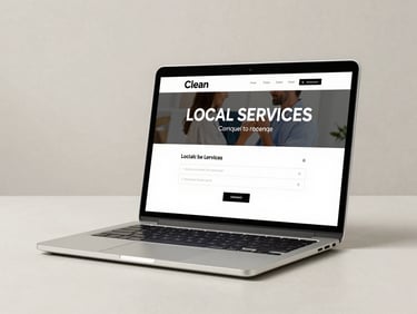 Clean device mockup showing a local services website redesign on a laptop screen, featuring a bold headline, clear phone number CTA above the fold, and a simple contact form, neutral studio background, bright daylight lighting, full-page proportional view
