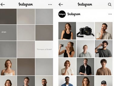 Side-by-side before-and-after comparison panel of an Instagram business feed — left side shows a sparse, inconsistent grid with low engagement counts; right side shows a cohesive branded feed with visible likes and comments in the hundreds, clean daylight studio lighting, documentary screenshot style