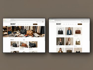 Side-by-side browser window comparison panel, left showing a cluttered outdated retail website in muted tones, right showing a clean redesigned e-commerce layout with bright product photography and clear CTA buttons, studio neutral lighting, full-page proportional view