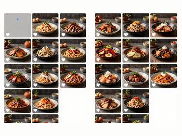 Instagram feed screenshot before-and-after comparison, left panel showing sparse inconsistent low-quality food photos with minimal likes, right panel showing a cohesive branded grid with rich food photography and visible engagement numbers in hundreds, daylight studio lighting, proportional zoom