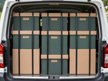 A neatly stacked moving truck interior, boxes aligned perfectly with zero gaps, straps securing furniture, professional space optimization, bright daylight.