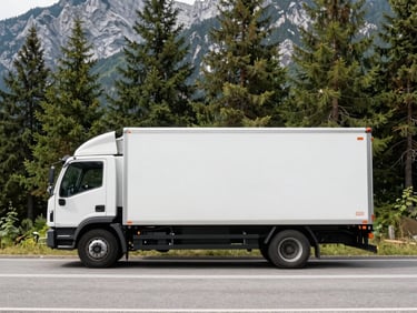 A clean moving truck parked safely on an asphalt road with a subtle background of pine trees and rocky mountain peaks, bright alpine daylight.