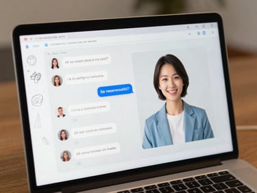 Close-up of a clean virtual campus interface on a laptop screen, showing a chat conversation with a friendly AI assistant in Spanish, hand-drawn pencil doodles on the margin, warm lighting.