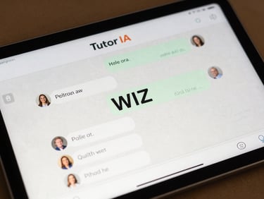 Close-up of the Tutor IA platform interface on a tablet, showing a friendly chat conversation with WIZ, soft warm lighting, handwritten doodles on the margins.