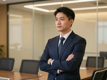 Confident male executive in a sharp navy suit listening intently in a modern glass boardroom, warm golden highlight, editorial corporate photography