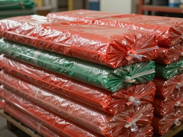 Heavy-duty plastic bags stacked in an industrial setting, focused on the thick heat-sealed edges, professional documentary style