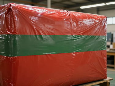 Industrial shrink wrap applied to package, showing tight seal and material strength under warm warehouse lights