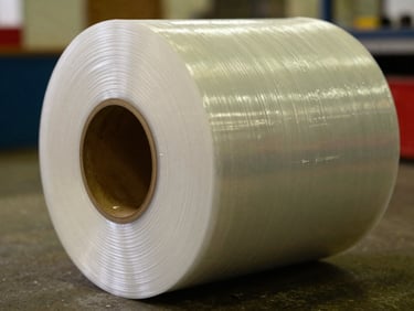 Close-up of industrial stretch film roll, showing the texture and transparency of the heavy-duty plastic, warm factory lighting, high contrast