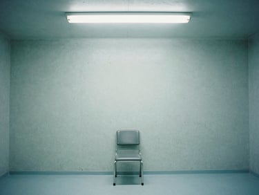 An empty sterile clinical room with concrete walls, a single metal chair in the center under harsh fluorescent overhead light, desaturated teal and sterile white tones, flat orthographic framing, 35mm film