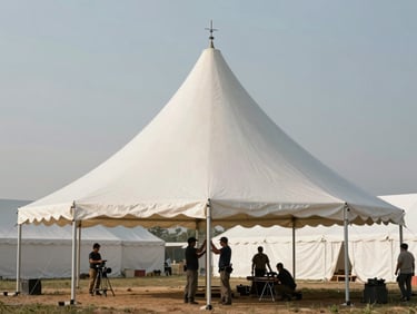 Wide environmental shot of a large white pole tent being erected on flat ground, crew members adjusting center poles, natural daylight, canvas texture visible