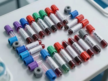 Overhead flat-lay of an ordered array of blood collection tubes with colour-coded caps — red, lavender, blue, green, grey — on a clean white clinical surface under bright studio lighting, sharp focus on cap colours and tube labels, sterile environment, no hands, no shadows