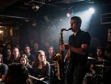 Low-angle gritty shot of a saxophonist playing in a crowded, smoky DIY basement venue, high-contrast spotlight, deep shadows, raw zine style.