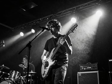 Gritty black and white concert photography, a guitarist performing under high-contrast neon stage lighting, deep shadows, grain