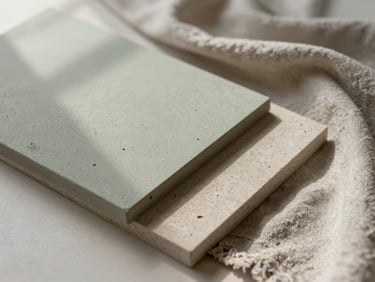 Flat-lay close-up of physical materials: textured sage plaster sample, raw light taupe stone, and heavy linen textile under diffused window light.
