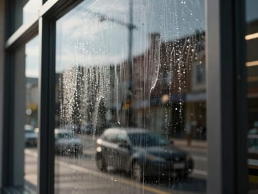 Close-up of a tall storefront window being cleaned in natural daylight, water running down the glass revealing a streak-free reflection of the street below, sharp detail on the glass surface, no people