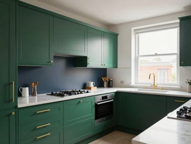 A wide, clean, modern UK apartment kitchen with emerald green cabinetry, gold fixtures, and soft natural overcast light pouring through a window, highlighting polished countertops.