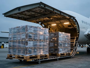 Cool-toned industrial lighting illuminating an air cargo loading bay, pallets wrapped in secure heavy-duty plastic being loaded into a freight aircraft cargo hold.