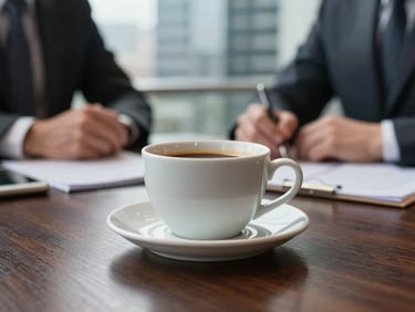 High-end corporate coffee meeting detail, sharp focus on a ceramic cup on a dark timber table, business district background blurred.