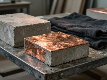 Close-up of raw concrete blocks, oxidized copper plates, and heavy dark textiles arranged on a steel workbench inside a brutalist workshop, lit by a single warm amber light source.