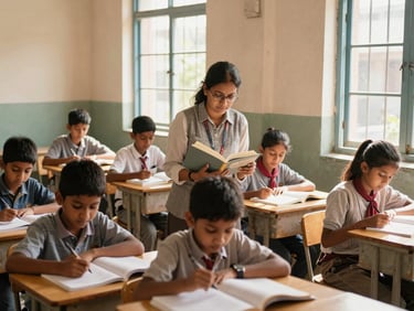 Teacher and students reading together in a small Goregaon classroom, natural warm sunlight streaming through the window, documentary style, eye-level framing