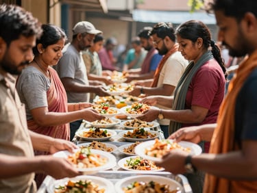 Documentary shot of a community kitchen in Goregaon, warm sunlight, volunteers handing out meals, eye-level framing, 35mm lens.
