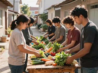 Volunteers distributing fresh vegetables from a wooden table in a neighborhood alley, warm morning sunlight, candid moment of support, eye-level framing