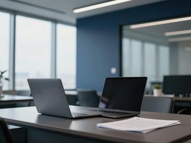 Modern office interior with focus on a desk with a laptop and documents, a professional setting, cool natural daylight, shallow depth of field, 35mm lens