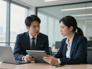 Two business professionals, one male, one female, in a modern, light-filled office, engaged in a focused, bilingual discussion, with a tablet displaying financial data, cool natural daylight.
