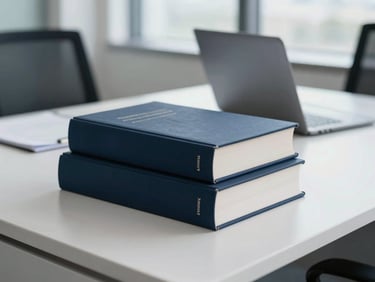 Stack of professional legal or tax books on a modern office desk, with a laptop open in the background, cool natural daylight, shallow depth of field.