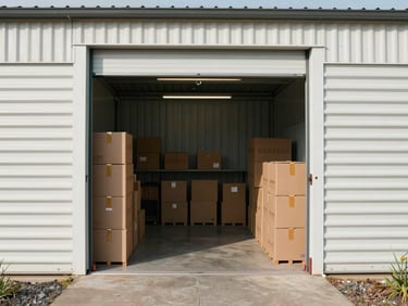 Straight-on wide-angle shot of a clean, ground-level storage unit with wide roll-up doors open, showing neatly organized commercial boxes inside under bright daylight.