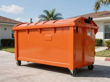 Clean 10-yard safety-orange roll-off dumpster in a residential driveway under bright Miami sunlight, crisp shadows, low-angle heroic shot.