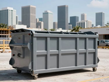 Wide environmental shot of a clean, branded roll-off dumpster positioned on a commercial construction site in Miami, showing the city skyline in the background, bright Miami sunlight.
