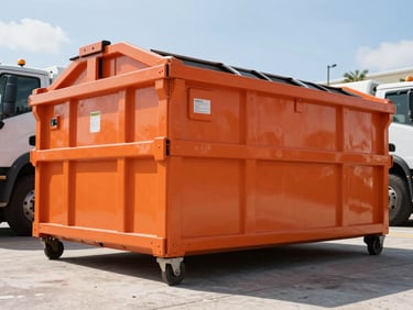 Clean 20-yard safety-orange roll-off dumpster on an organized commercial job site in Miami, bright sunlight, low-angle heroic shot.