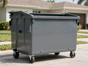 Clean, branded roll-off dumpster on a residential driveway in Miami, showing the driveway-friendly wheels, bright Miami sunlight, sharp focus.