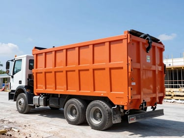 Clean 30-yard safety-orange roll-off dumpster being placed by a heavy-duty truck on a large Miami construction site, bright sunlight, low-angle heroic shot.